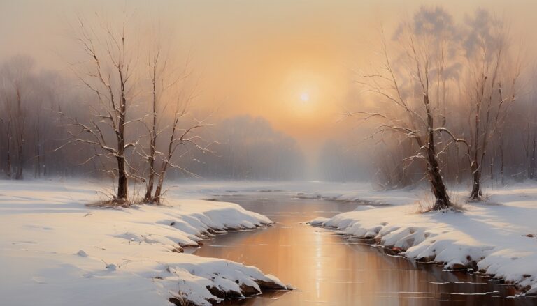 a river with snow and trees - Winter Sunset Wallpaper for Computer - Nordic Beauty