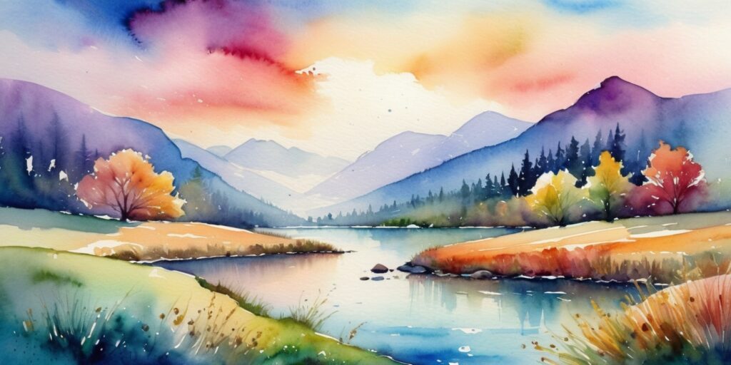 Peaceful Watercolor Landscapes - river, plains, trees and hills