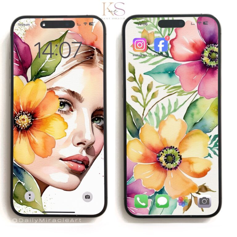 a two cell phones with a painting of a woman and flowers as a wallpaper