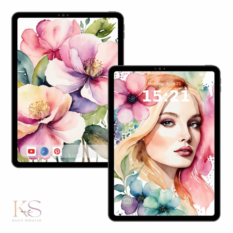 a screenshot of a tablet with soft pink color wallpaper set flowers and the face of a beautiful woman in watercolor