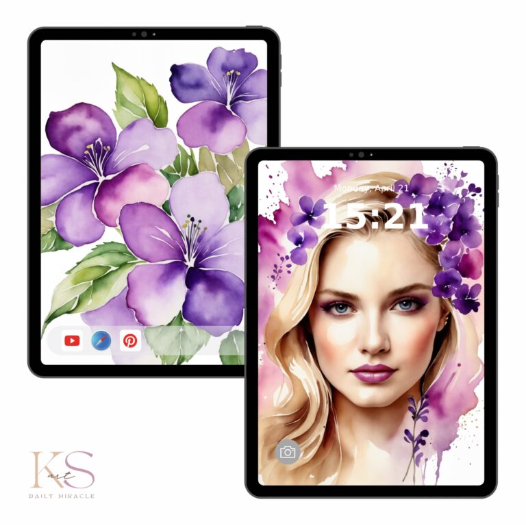 a screenshot of a tablet - two screens with purple floral wallpapers